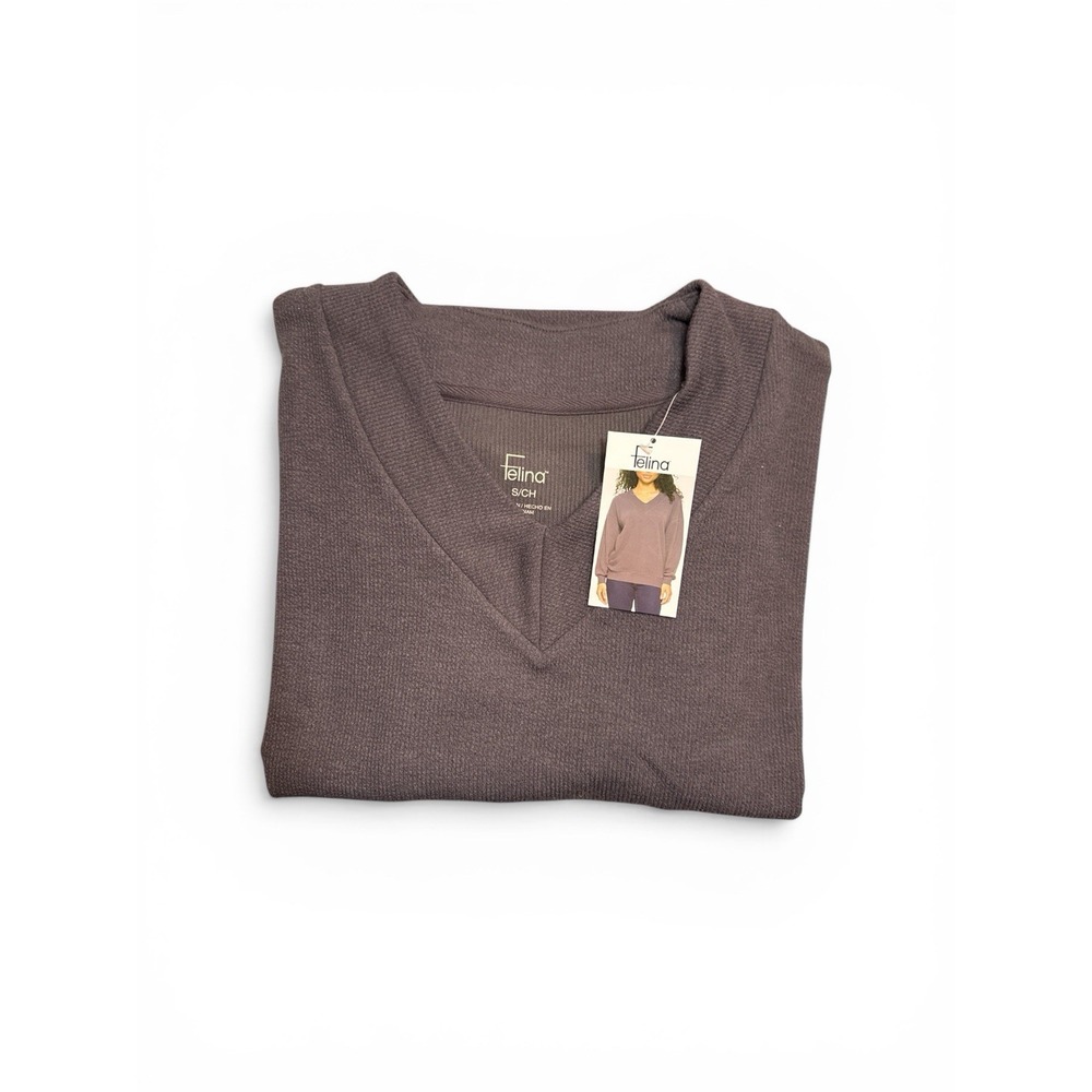 Felina Womens Ribbed V Neck Sweater Long Sleeve Pullover Knit Top Brown Lounge - Picture 2 of 3